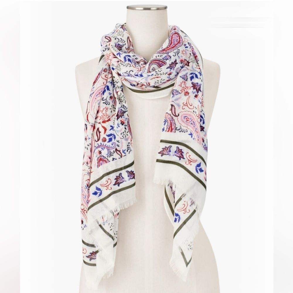 NWT Talbots Oblong Scarf Viscose Watercolor Paisley White Blue Red 27x72”